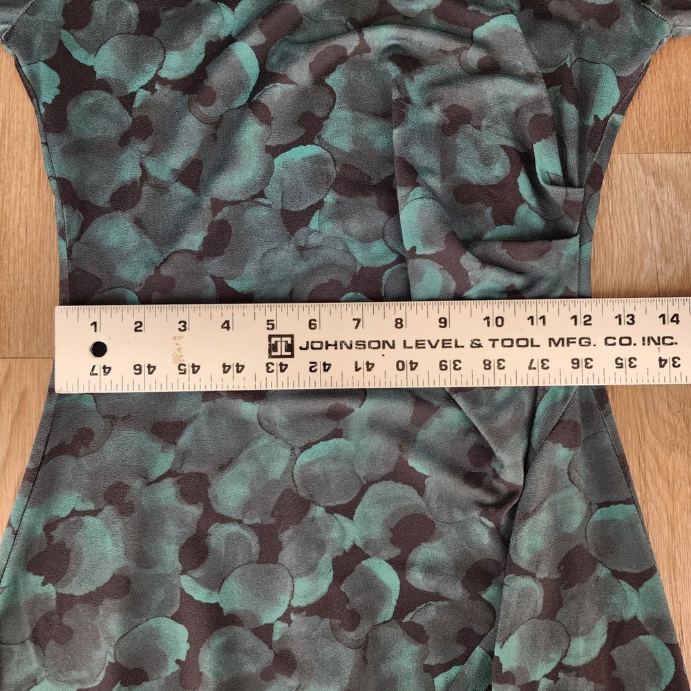 Hugo Boss Teal Black Abstract Print Ruched V-Neck Sheath Dress 3/4 Sleeve - Picture 5 of 12